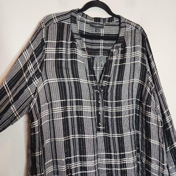 Lane Bryant Gold Metallic Black Grey Plaid Popover Button Shirt Peplum Back 3X - Picture 8 of 16